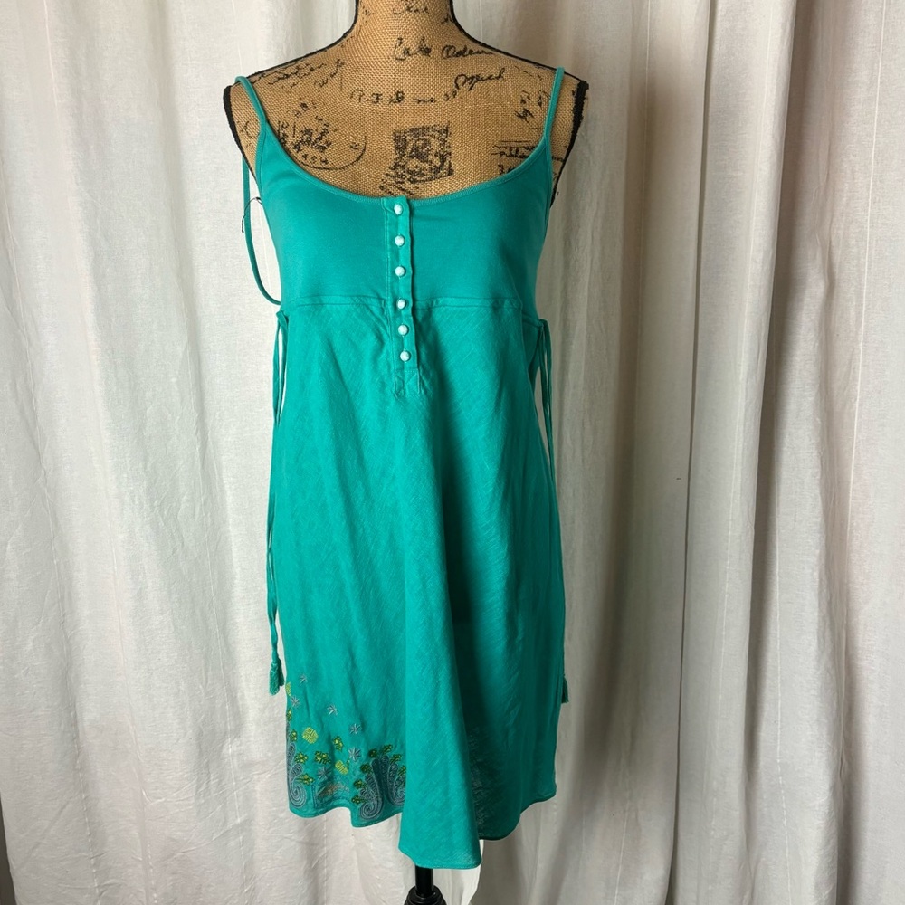 Vintage Y2K Free People Linen Embroidered Slip Dress Teal Women’s Large